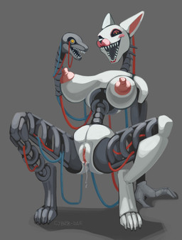 2_heads 2_rows_of_teeth areola big_breasts black_eyes breasts cable exoskeleton female fox_ears genitals grey_background lipstick machine makeup metallic_body multi_head nipples open_mouth pupils sharp_teeth simple_background small_head solo spread_legs spreading teeth vulva white_body white_skin yellow_pupils cyber_d1e five_nights_at_freddy's five_nights_at_freddy's_2 scottgames mangle_(fnaf) animatronic robot absurd_res hi_res signature