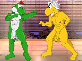 anthro armor balls big_balls big_nipples big_penis duo feet fighting_pose fighting_ring flaccid foreskin genitals green_body headgear headgear_only helmet helmet_only male male/male muscular muscular_anthro muscular_male nipples nude nude_fight penis pose prehistoric teeth white_eyes yellow_body ciel-wolf mario_bros mythology nintendo paper_mario paper_mario:_the_thousand_year_door jr_troopa the_great_gonzales_jr animal_humanoid dinosaur dinosaur_humanoid dragon dragon_humanoid green_yoshi humanoid koopa koopa_humanoid koopa_troopa mythological_creature mythological_scalie prehistoric_species reptile reptile_humanoid scalie scalie_humanoid tortoise tortosie_humanoid turtle turtle_humanoid yoshi yoshi_humanoid 4:3 hi_res