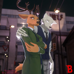 amber_eyes anthro antlers bodily_fluids claws clothed clothing consolation consoling_another crying duo ears_back finger_claws frown fur grey_body grey_fur hand_on_shoulder horn looking_at_another looking_away male male/male night outside pivoted_ears red_body red_fur sad slouching standing tears uniform vermilionrenderworks enticia_(modeler) beastars legoshi_(beastars) louis_(beastars) canid canine canis cervine deer mammal red_deer wolf hi_res