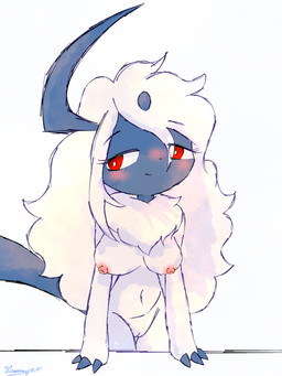 3_fingers anthro anthrofied black_nose blue_body blue_tail blush breasts eyebrow_through_hair eyebrows eyelashes female fingers fur genitals hair looking_at_viewer narrowed_eyes navel nipples nude nude_anthro nude_female pokemorph red_eyes simple_background smile solo standing tail translucent translucent_hair vulva white_background white_body white_fur white_hair conditional_dnp xammyxx nintendo pokemon absol generation_3_pokemon pokemon_(species) 2025 3:4 absurd_res digital_media_(artwork) hi_res ibispaint_(artwork) shaded signature watermark