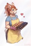 anthro apron arm_tuft baking baking_tray black_clothing black_lips blue_clothing blue_eyes blue_shirt blue_t-shirt blue_topwear clothing cooking cupcake elbow_tuft eyelashes female food fur glistening glistening_eyes gloves hair handwear heart_symbol inner_ear_fluff lips orange_hair pink_clothing pink_gloves pink_handwear shirt simple_background smile solo t-shirt tan_body tan_ears tan_fur tan_inner_ear_fluff topwear tuft whiskers lostgoose lagomorph leporid mammal rabbit 2022 dated digital_media_(artwork) hi_res