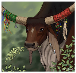 ambiguous_gender bell black_nose border brown_body brown_fur day ear_piercing feathers feral fur happy horn leaf looking_at_viewer multicolored_body multicolored_fur outside piercing plant solo tan_horn white_border tora_tikel buffalo hi_res shaded