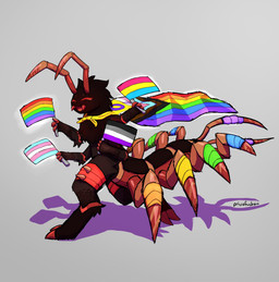 4_arms ambiguous_gender antennae_(anatomy) anthro asexual_pride_colors brown_body brown_fur claws flag flag_(object) fur grey_background happy holding_flag holding_object intersex_pride_colors lgbt_pride multi_arm multi_limb open_mouth pansexual_pride_colors pride_colors progress_pride_colors rainbow rainbow_flag rainbow_pride_flag rainbow_symbol red_claws red_eyes simple_background solo transgender_pride_colors privafuchsia kaiju_paradise lgbt_pride_month arthropod centipede crawlipede_(kaiju_paradise) gootraxian myriapod 2026 hi_res