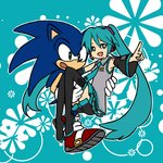 abstract_background anthro black_clothing black_legwear blue_background blue_body blue_fur blue_hair bottomwear bridal_carry carrying_another clothing duo female footwear fur gesture gloves green_eyes hair hand_gesture handwear legwear male open_mouth open_smile pointing shoes simple_background skirt smile bukikobuta sega sonic_the_hedgehog_(series) vocaloid hatsune_miku sonic_the_hedgehog eulipotyphlan hedgehog human mammal 2013 crossover