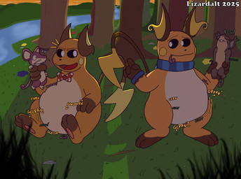 anthro belly big_butt bow_tie bracelet butt digestion digestion_implied digestion_noises duo feral forest forest_background jewelry male male_pred oral_vore plant pokemorph river scarf struggling struggling_prey sunset tree unwilling_prey vore lizarddude812 nintendo pokemon alex_(lizarddude812) alolan_form alolan_rattata generation_1_pokemon generation_7_pokemon pokemon_(species) raichu rattata regional_form_(pokemon) hi_res shaded