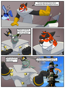 angry anthro blue_body blue_fur clothing coat cross-popping_vein dialogue eyebrows fur gloves grey_body group handwear lab_coat male orange_body orange_fur sleeping stripes text thick_eyebrows tongue tongue_out topwear white_body white_fur okrizo831 activision crash_bandicoot_(series) ripper_roo aquatic felid fish kangaroo macropod mammal marsupial pantherine shark tiger 2025 absurd_res comic english_text hi_res