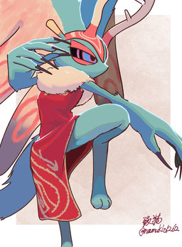 ambiguous_gender anthro antlers asian_clothing biped black_sclera chest_tuft chinese_clothing clothed clothing colored_nails digitigrade east_asian_clothing fighting_pose fingernails fluffy fluffy_tail fur head_wings horn huge_wings mouthless multicolored_body multicolored_eyes multicolored_fur nails narrowed_eyes neck_tuft on_one_leg orange_body orange_fur pink_eyes pose pupils purple_fingernails purple_nails side_view simple_background solo standing tail tan_body tan_fur teal_body teal_eyes teal_fur tuft unusual_wing_placement white_background wings namuklo kirby_(series) kirby_and_the_forgotten_land nintendo fecto_elfilis alien chinchilla chinchillid mammal rodent starling_(kirby) 2026 digital_drawing_(artwork) digital_media_(artwork) hi_res japanese_description signature