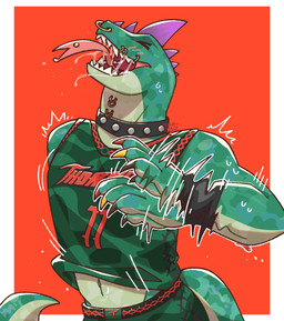 anthro basketball_uniform blush blush_lines bodily_fluids bottomwear clothed clothing collar colored_nails eyes_closed facial_piercing green_body green_bottomwear green_clothing green_scales green_shirt green_shorts green_topwear head_spikes lip_piercing male midriff multicolored_claws muscular muscular_anthro muscular_male nails navel neck_piercing nose_piercing nose_ring piercing purple_spikes ring_piercing saliva scales septum_piercing septum_ring shirt shorts smile solo spikes spikes_(anatomy) sportswear studded_collar studs tail tongue tongue_out tongue_piercing topwear uniform dashlionz bagas_dribble goat_(movie) sony_corporation sony_pictures modo_olachenko komodo_dragon lizard monitor_lizard reptile scalie 2026 digital_media_(artwork) hi_res