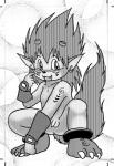 anklet anthro armor balls bandai_namco blush bracers crouching digimon digimon_(species) ear_piercing fangs flaccid flamemon fluffy fluffy_tail genitals greyscale horn humanoid_pointy_ears jewelry kemono male markings monochrome nude open_mouth penis piercing simple_background solo tail teeth さかもと