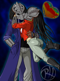 boots bottomwear butt clothing coat dreadlocks duo female footwear hand_behind_back heart_symbol hug male male/female mask pants romantic romantic_couple shoes tight_bottomwear tight_clothing tight_pants topwear trenchcoat predaguy predator_(franchise) fan_character kantra_(predaguy) kashyll_(predaguy) alien humanoid yautja 2014 hi_res