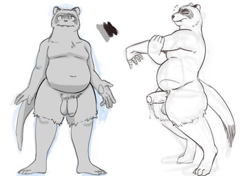 4_toes 5_fingers anthro balls belly bodily_fluids cute_fangs digitigrade eyes_closed facial_markings fangs feet fingers flaccid flying_sweatdrops foreskin front_view fur genital_fluids genitals half-erect head_markings holding_arm humanoid_genitalia humanoid_penis leaking_precum looking_at_viewer male markings mask_(marking) partially_retracted_foreskin penis plantigrade precum side_view simple_background slightly_chubby slightly_chubby_male solo standing sweat sweatdrop tail teeth toes white_background nobodyshouse rice_(nobodyshouse) domestic_ferret mammal mustelid musteline true_musteline weasel 2023 absurd_res digital_drawing_(artwork) digital_media_(artwork) greyscale guide_lines hi_res model_sheet monochrome sketch