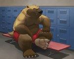 4_toes anthro belly big_belly black_nose bottomwear brown_body brown_fur bulge claws clothed clothing eyebrows feet fur inside locker locker_room male overweight overweight_anthro overweight_male shorts sitting smile soles solo tan_body tan_fur toe_claws toes topless dj-rodney gulonine mammal mustelid musteline wolverine signature