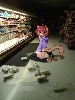 anthro black_clothing butt clothed clothing detailed_background eyebrows female hair inside legwear looking_at_viewer milk pawpads shadow solo tail yappcat yumi_(catniplewds) domestic_cat felid feline felis mammal 2026 3:4 digital_media_(artwork) hi_res