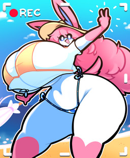 anthro beach big_breasts big_hair bikini blue_bikini_bottom breasts clothing emanata female gesture hair hand_gesture hat headgear headwear huge_breasts huge_thighs navel open_mouth open_smile outline parasol pink_hair recording reverse_v_sign shirt sky smile solo sun_hat swimwear tail thick_thighs topwear translucent translucent_clothing translucent_shirt translucent_topwear two-piece_swimsuit v_sign water white_body white_clothing white_outline white_shirt white_topwear wide_hips yellow_bikini_top dewbber nintendo pokemon selene_(itsawulf) eeveelution generation_6_pokemon pokemon_(species) sylveon 2025 absurd_res hi_res