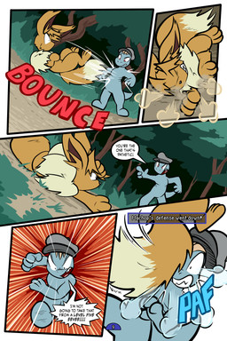 ambiguous_gender attack biped black_eyes black_text blue_body blue_text_box brown_body brown_eyes brown_hair clenched_teeth clothing dialogue duo dust_cloud exclamation_point eyes_closed falling feral fight fingers fluffy fluffy_tail forest fur gameplay_mechanics gesture grass hair hand_gesture hat headgear headwear looking_at_another lying midair motion_lines neck_tuft on_ground on_side page_number paws plant pointing pointing_at_another pointy_speech_bubble pose quadruped red_text shrub sound_effects speech_bubble standing tail talking_to_another teeth text text_box toony tree tuft wearing_hat white_sclera white_text virmir nintendo pokemon pokemon_mystery_dungeon spike_chunsoft virmir_(character) eevee generation_1_pokemon humanoid machop pokemon_(species) 2024 2:3 absurd_res artist_name comic digital_media_(artwork) english_text hi_res signature male_(lore)