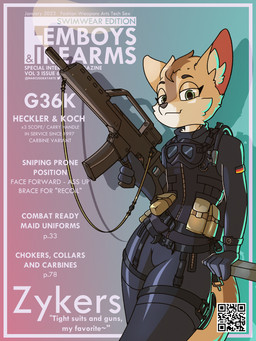 anthro belt eyewear femboy goggles gun holding_gun holding_object holding_ranged_weapon holding_weapon inner_ear_fluff leaning looking_at_viewer male male_anthro military_gear qr_code ranged_weapon shadow solo tactical_gear tail text tuft weapon wetsuit marcus_gray femboys_and_firearms canid canine fennec_fox fox mammal true_fox 2023 3:4 cover english_text hi_res magazine_cover