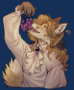 accessory anthro blonde_hair blue_eyes blush bow_ribbon brooch brown_body brown_fur clothing collared_shirt countershade_face countershade_tail countershading dangling facial_hair fangs fleur-de-lis fluffy fluffy_tail food fruit fur grape hair hair_accessory hair_bow hair_ribbon licking long_hair looking_aside male multicolored_body multicolored_fur plant ribbons shirt sideburns simple_background solo tail tan_body tan_fur teeth tied_hair tongue topwear transparent_background white_clothing white_shirt white_topwear yellow_body yellow_fur tatujapa edgar_vladilisitsa canid canine fox mammal alpha_channel bust_portrait digital_drawing_(artwork) digital_media_(artwork) hi_res portrait