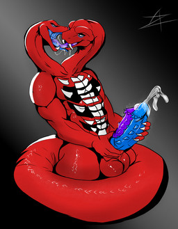 2_penises anthro balls big_tail bodily_fluids cum ejaculation genital_fluids genitals kissing male masturbation multi_genitalia multi_head multi_penis penis saliva solo tail azurian lego ninjago fangtom_(ninjago) reptile scalie snake absurd_res hi_res
