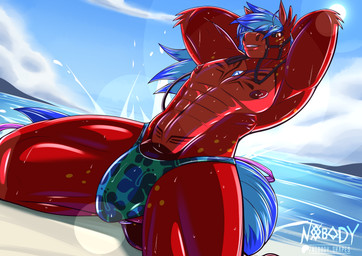 abs anthro areola arm_tuft barbell_piercing beach black_sclera blue_mane blue_tail bodily_fluids bridle bulge clothed clothed_anthro clothed_male clothing cloud detailed_background detailed_bulge elbow_tuft eyebrows freckled_face freckled_legs freckles fur genital_outline genitals glistening glistening_eyes hands_behind_head kneeling light looking_at_viewer looking_down looking_down_at_viewer low-angle_view male male_anthro mane monotone_mane muscular muscular_anthro muscular_male navel nipple_barbell nipple_piercing nipples outside patreon_logo penis penis_base penis_outline piercing print_clothing print_speedo print_swimwear red_areola red_body red_eyebrows red_fur red_nipples red_penis sand sea sky solo speedo speedo_only sun sunlight sweat sweaty_body swimwear tail teeth text topless topless_anthro topless_male translucent tuft water yellow_eyes nobody_shapes patreon nobody_(nobody_shapes) equid equine horse mammal 2026 artist_name digital_media_(artwork) hi_res watermark