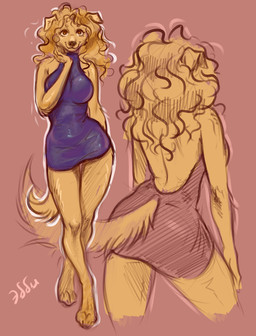 anthro backless_clothing bare_back bare_shoulders barefoot big_breasts big_butt blonde_hair bodysuit breasts brown_eyes brown_nose butt clothing curly_hair digitigrade dress ears_down feet female floppy_ears fluffy front_view fur furry_tail glistening glistening_clothing hair looking_at_viewer monotone_background monotone_body outline pivoted_ears purple_clothing rear_view short_dress simple_background skinsuit slim smile solo sweater tail tight_clothing topwear turtleneck turtleneck_dress walking yellow_body yellow_fur danawolfin bird_dog canid canine canis domestic_dog golden_retriever hunting_dog mammal retriever colored digital_media_(artwork) hi_res signature sketch sketch_page