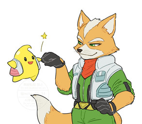 ambiguous_gender anthro black_nose clothing duo fist_bump fur gesture gloves green_clothing green_eyes hand_on_hip handwear looking_at_another male orange_body orange_fur red_scarf scarf simple_background smile standing topwear white_background white_clothing white_topwear yellow_body mito_31_31 mario_bros nintendo star_fox the_super_mario_galaxy_movie fox_mccloud canid canine fox luma mammal