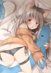 accessory breasts butt clothing female grey_hair hair hair_accessory hairclip holding_object panties plushie red_eyes solo underwear minato_yuu animal_humanoid cat_humanoid felid felid_humanoid feline feline_humanoid humanoid mammal mammal_humanoid 2019 absurd_res hi_res