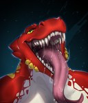 anthro claws green_eyes little_horns long_tongue male mouth_shot open_mouth red_body red_skin solo spittle teeth tongue cmitchell mythology dragon mythological_creature mythological_scalie scalie absurd_res hi_res portrait