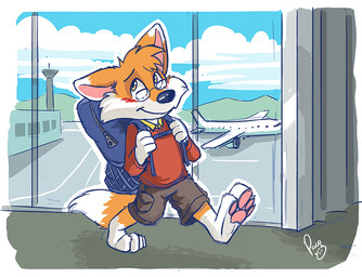 airport anthro black_nose blue_sky bottomwear brown_bottomwear brown_clothing brown_shorts closed_smile clothed clothing cloud day fur inside logo male mouth_closed orange_body orange_fur orange_tail pawpads pink_pawpads red_clothing red_topwear shorts sky smile solo tail topwear walking white_body white_fur white_tail window yellow_eyes young young_anthro young_male pandapaco canid canine fox mammal artist_logo signature