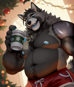5_fingers anthro beverage black_sclera blue_eyes blue_nipples body_hair bottomwear chest_tuft claws clothing container cup eyebrows fingers fur hair happy_trail male musclegut muscular muscular_anthro muscular_male navel nipples robotic_arm shorts solo tail teeth tuft pupcoffeebear hal_greaves 2025 dated hi_res
