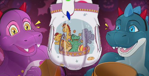 anthro bucket clean_diaper container diaper duo fake_horns happy holding_bag holding_bucket holding_container holding_diaper holding_object inflatable looking_at_diaper male open_mouth pattern_diaper pool_toy pull-ups_(diaper) simple_background smile touching_diaper obedientmirelle skipper_(zoran) zoran animate_inanimate dinosaur living_inflatable prehistoric_species reptile saurischian scalie theropod tyrannosaurid tyrannosauroid tyrannosaurus tyrannosaurus_rex absurd_res hi_res