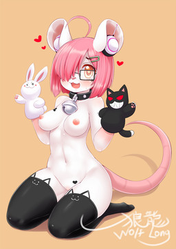 adolescent anthro biped blush breasts clothing collar eyewear female glasses kneeling legwear looking_at_viewer nipples open_mouth puppet smile solo tail thigh_highs young wolflong mammal mouse murid murine rodent hi_res