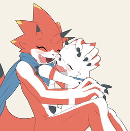anthro blush claws duo evolutionary_family hug kerchief male neckerchief neckwear red_body scarf size_difference smile white_body yellow_eyes tmdduq6918 bandai_namco digimon betelgammamon digimon_(species) gammamon hi_res brother_(lore) brothers_(lore) sibling_(lore)