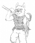 anthro armor bearded_axe clothing crossgender female fur fur_markings markings one_eye_closed scar shield simple_background smile solo white_background white_body white_fur smekbo latchkey_kingdom holden_(ridentem) canid canine fox mammal yuman monochrome