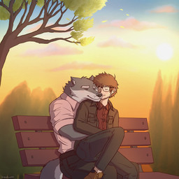 anthro bench black_nose blush brown_hair clothed clothing duo ears_back eyebrows eyes_closed eyewear fully_clothed glasses hair hug human_on_anthro interspecies male park pink_clothing pink_shirt pink_topwear pivoted_ears plant shirt sunset thick_eyebrows topwear tree unpopularwolf canid canine canis human mammal wolf 1:1 hi_res