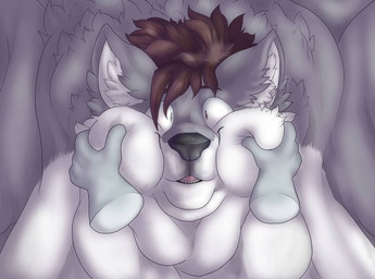 anthro black_neck blob_body blob_face brown_eyes brown_hair cheek_grab cheek_squeeze duo face_squish fat_rolls feedee feederism feedism fur good_boy grey_body grey_fur hair hand_on_cheek happy looking_at_viewer male morbidly_obese morbidly_obese_male no_regrets nude nude_male obese obese_male open_mouth overweight overweight_anthro overweight_male playful rinss smile solo squeezing squish fatty-sashimi canid canine canis mammal wolf 2021 digital_media_(artwork) headshot_portrait portrait