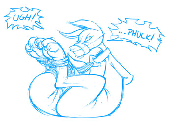 ambiguous_gender angry anthro ball_gag bdsm bondage bound feet_together gag gagged muzzle_(object) muzzled profanity restraints rope rope_bondage solo submissive submissive_ambiguous tail tail_bondage tail_tied oddjuice kangaroo macropod mammal marsupial blue_and_white monochrome