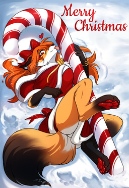 accessory anthro bell blep bow_ribbon breasts butt candy candy_cane centered_hair_bow christmas_clothing clothing dessert digitigrade dipstick_tail eyebrows eyelashes feet female food footprint fur gloves_(marking) hair hair_accessory hair_bow hair_ribbon heart_symbol holidays leg_markings looking_at_viewer lying markings merry_christmas on_back orange_body orange_fur orange_hair paintbrush_tail pawpads pawprint red_eyes ribbons snow socks_(marking) solo tail tail_markings tongue tongue_out white_body white_fur conditional_dnp tom_fischbach christmas twokinds vanity_(twokinds) canid canine fox keidran mammal 2025 hi_res