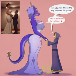 anthro big_breasts big_butt blush breasts butt clothing dress duo female female_anthro hair hand_holding larger_anthro larger_female long_tail male male/female non-mammal_breasts non-mammal_hair photo_reference purple_body short_hair size_difference smaller_human smaller_male tail text white_clothing white_dress ai_assisted ai_generated_reference fol_ink mythology fion_(fol_ink) nyxaris_(fol_ink) dragon human mammal mythological_creature mythological_scalie scalie 1:1 english_text hi_res reference_image