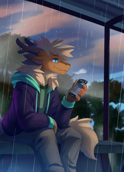 anthro antlers blue_eyes bottomwear bus_stop cellphone closed_smile clothed clothing detailed_background electronics glistening glistening_eyes green_clothing green_topwear grey_bottomwear grey_clothing grey_pants hair holding_cellphone holding_object holding_phone holding_smartphone horn jacket kemono looking_at_cellphone looking_at_object looking_at_phone male mouth_closed narrowed_eyes orange_body outside pants phone purple_clothing purple_jacket purple_topwear raining sitting slight_smile smartphone smile solo tail tan_body tan_hair topwear kuttoyaki mythology noodlesdragon dragon eastern_dragon mythological_creature mythological_scalie scalie hi_res