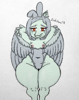 alternate_body_type amber_eyes anthro areola big_areola bone_frill bottom_heavy breasts bunny_costume camel_toe clothing costume elbow_feathers exposed_breasts eyelashes eyeliner fake_ears fake_rabbit_ears feathered_wings feathers female frill_(anatomy) front_view grey_body grey_clothing grey_feathers grey_hair grey_leotard grey_scales hair hands_behind_head huge_hips huge_thighs leotard long_hair looking_at_viewer makeup nipples playboy_bunny scales shortstack shortstack_female simple_background small_breasts solo text thick_thighs white_background wide_hipped_anthro wide_hipped_female wide_hips wings andchantr cavemanon_studios goodbye_volcano_high ko_op_(game_developer) snoot_game fang_(gvh) prehistoric_species pterosaur reptile scalie 2026 absurd_res artist_name digital_drawing_(artwork) digital_media_(artwork) hi_res signature