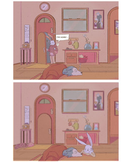 anthro clock detailed_background dialogue door fur furniture inside speech_bubble table text white_body white_fur window eden_fries beastars haru_(beastars) legoshi_(beastars) canid canine canis domestic_rabbit dwarf_rabbit lagomorph leporid mammal oryctolagus rabbit wolf 2021 4:5 comic digital_media_(artwork) english_text hi_res