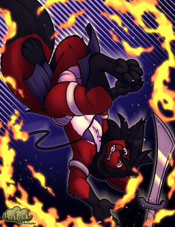 anthro balls black_hair bottomwear clothing falling feet femboy fire fur genitals hair loincloth male melee_weapon pawpads paws red_body red_fur solo surprised sword wardrobe_malfunction weapon axelspike cyrus_nightfire canid canine fox mammal