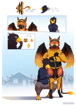 animal_genitalia anthro assisted_exposure beak blush bottomwear bottomwear_down bottomwear_pull cabin clothing clothing_pull duo equine_genitalia genitals male male/male outside pants pants_pull pantsing snow snowing throbbing walking naughty_borzoi mythology calvin_(skelloinn1) avian bird corvid gryphon magpie_(corvid) mythological_avian mythological_creature oscine passerine taiwan_blue_magpie absurd_res comic hi_res