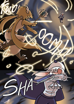 animal_ears blonde_hair claws clothed clothing female hair head_wings horn long_hair male monster_girl_(genre) outside red_eyes simple_background staff text toe_claws unusual_wing_placement white_hair wings shriekingmagpie horned_humanoid humanoid comic digital_media_(artwork) english_text hi_res