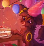 arm_tuft balloon big_ears birthday birthday_cake blep brown_body brown_fur brown_nose cake cheek_tuft claws clothing dessert elbow_tuft facial_tuft female feral fluffy fluffy_chest fluffy_ears fluffy_hair fluffy_tail food fruit fur fur_markings furniture gift hair happy hat headgear headwear hungry inflatable licking light markings neck_tuft party party_hat pawpads pink_eyes plant purple_eyes short_hair smile solo strawberry table tail tongue tongue_out tuft yellow_body yellow_fur joeumbre nintendo pokemon rita_(joeumbre) canid canine eeveelution generation_2_pokemon mammal pokemon_(species) umbreon colored hi_res lighting shaded
