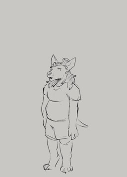 anthro barefoot bottomwear clothed clothing feet front_view male male_anthro open_mouth shirt shorts simple_background simple_eyes solo standing t-shirt tail topwear jezzlen chuy_(jezzlen) canid canine canis domestic_dog mammal hi_res monochrome sketch