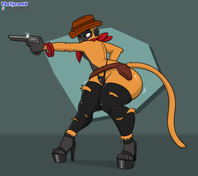 anthro belt big_butt bracelet butt clothed clothing cowboy_hat footwear fur gun hat headgear headwear high_heels holding_gun holding_object holding_ranged_weapon holding_weapon holster jewelry kerchief male orange_body orange_fur ranged_weapon shoes solo tail thong topless topless_male underwear weapon thetyrant bloons_tower_defense ninja_kiwi desperado_(bloons) haplorhine mammal monkey primate hi_res