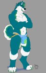 anthro blue_clothing blue_jockstrap blue_underwear bulge claws clothed clothing crossed_arms curled_tail detailed_bulge digitigrade feet finger_claws fur genital_outline gloves_(marking) green_body green_claws green_eyes green_fur green_highlights green_pawpads green_tongue grey_background hair highlights_(coloring) jockstrap jockstrap_only logo male markings multicolored_body multicolored_fur navel open_mouth pawpads pecs sheath_outline simple_background solo tail teal_body teal_fur teal_hair toe_claws toeless_(marking) tongue topless underwear underwear_only white_body white_fur kyojufolf toki_(tokihusky) canid canine canis domestic_dog husky mammal nordic_sled_dog spitz 2023 artist_logo hi_res