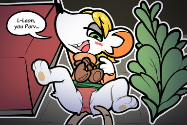 3_toes 4_fingers anthro aroused biped blonde_hair blush buckteeth butt clothed clothing crotch_lines dialogue feet female fingers flirting flirting_with_viewer green_eyes hair open_mouth open_smile orange_clothing orange_sweater orange_topwear panties pawpads smile solo speech_bubble spread_legs spreading sweater teasing teeth text toes topwear underwear upskirt white_body itsunknownanon capcom resident_evil ashley_graham moushley house_mouse mammal mouse murid murine rodent 2023 3:2 english_text hi_res