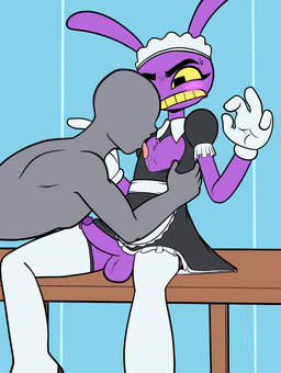 ambiguous_gender balls blush bodily_fluids chest_lick chest_tuft clothed clothing crossdressing erection fur genitals legwear maid_apron maid_headdress maid_uniform male male/ambiguous penis purple_body purple_fur sweat sweatdrop thigh_highs tuft uniform fourssss glitch_productions the_amazing_digital_circus anon jax_(tadc) human humanoid lagomorph leporid mammal rabbit 2025 hi_res